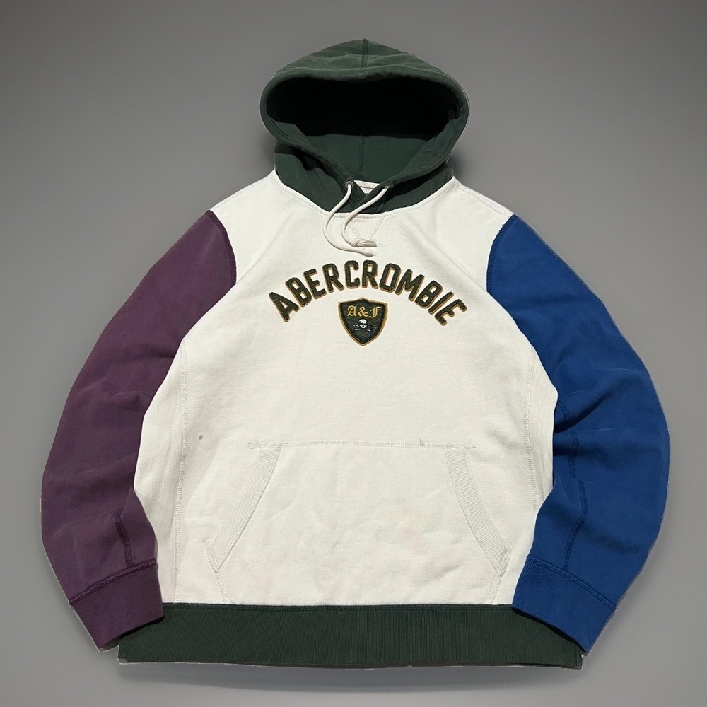 Abercrombie & Fitch Mens Colorblock Y2K Skull Logo Fleece Pullover Hoodie Size L